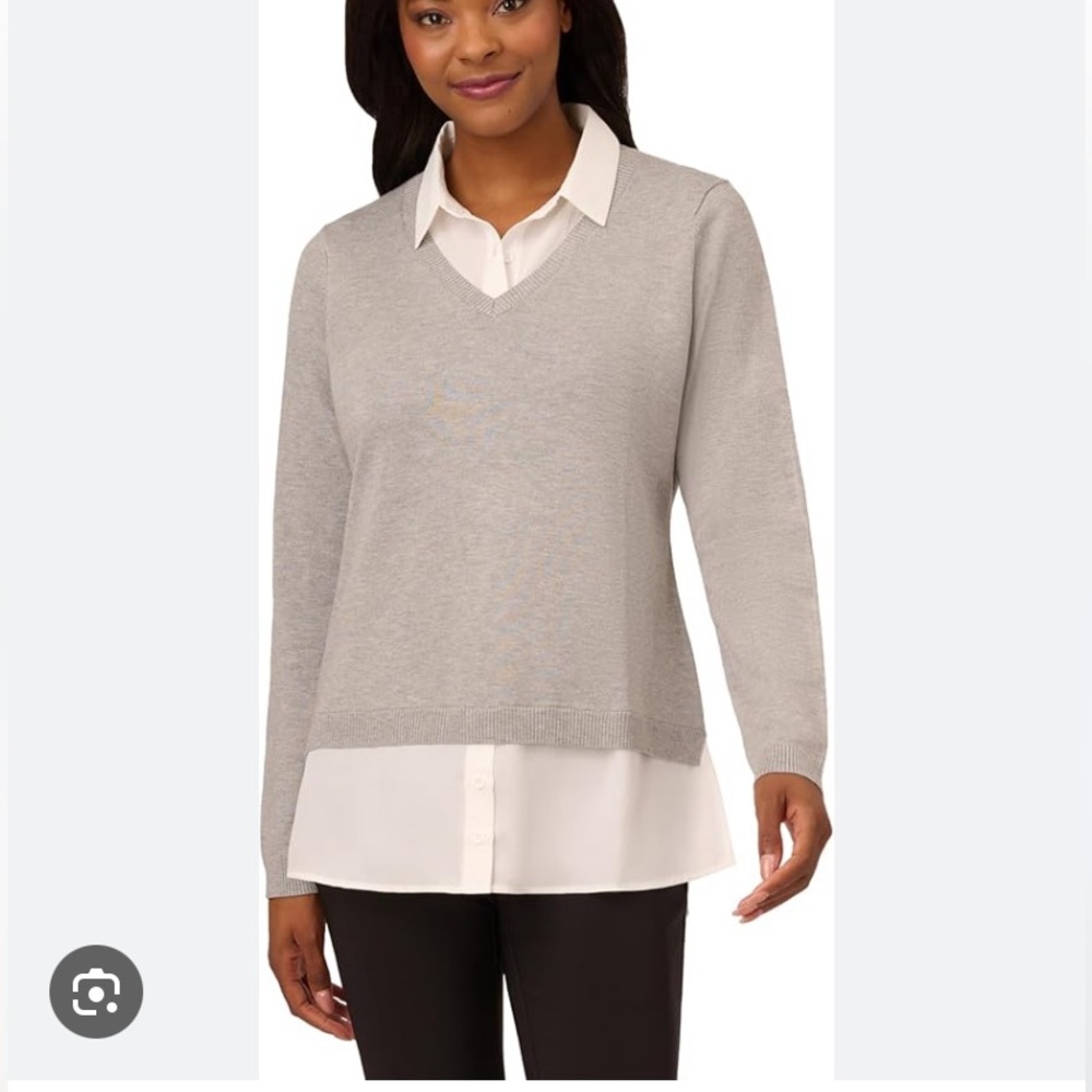NWOT Adrianna Papell Women's V-Neck Twofer Sweater Light Gray